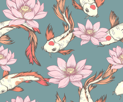 Seamless pattern with koi carps and lotuses