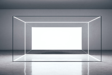 Modern gallery interior with glowing billboard