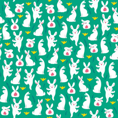 Easter seamless pattern with decorated egg hunt bunny smiling characters silhouettes. For holiday cards, packaging paper, banner, etc. Vector illustration.