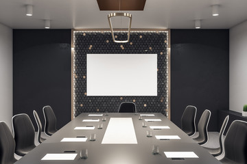 Gray meeting room interior with blank banner