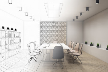 Drawing conference office interior with books