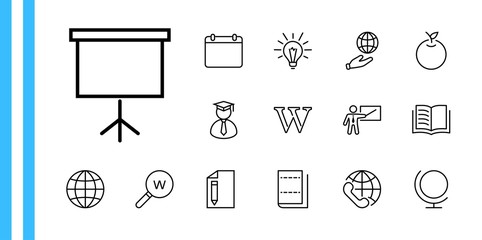 Fototapeta premium Wikipedia's birthday Set Line Vector Icon. Contains such Icons as Wikipedia, Open Book, Teacher, Blackboard, Pointer, Web Globe, Directory, Search, Lamp, Calendar. Editable Stroke. 32x32 Pixels
