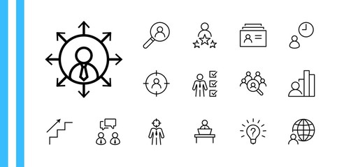 Fototapeta premium Set of Head Hunting Related Vector Line Icons. Contains such Icons as Career growth, Bulb, Candidate, Search, CV, Card Index, Outsource and more. Editable Stroke. 32x32 Pixels