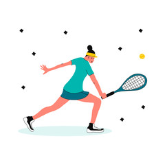 Fototapeta na wymiar girl playing tennis.vector illustration in a flat style, isolated on a white background.Sports concept. the girl hits the ball.for posters, postcards, banners, t-shirts, websites, tennis clubs.