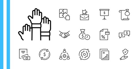 Set of Business Cooperation Vector Line Icons. Contains such Icons as Puzzle, Partnership, Money, Handshake, Dollars, Team, Synergy, Work, Interaction and more. Editable Stroke. 32x32 Pixels