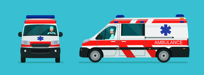 Ambulance van car two angle set. Car with driver man side view and front view. Vector flat style illustration. © lyudinka