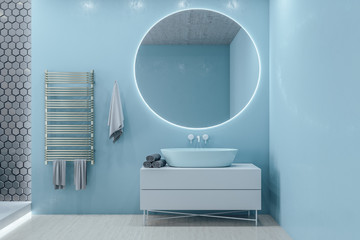Contemporary loft bathroom with blank blue wall
