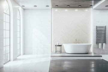 Naklejka na ściany i meble Contemporary bathroom interior room with decorative objects and city viwe.