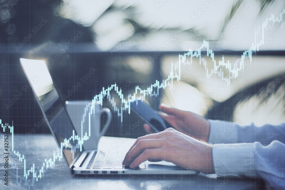 Poster Hand using smartphone with abstract forex chart