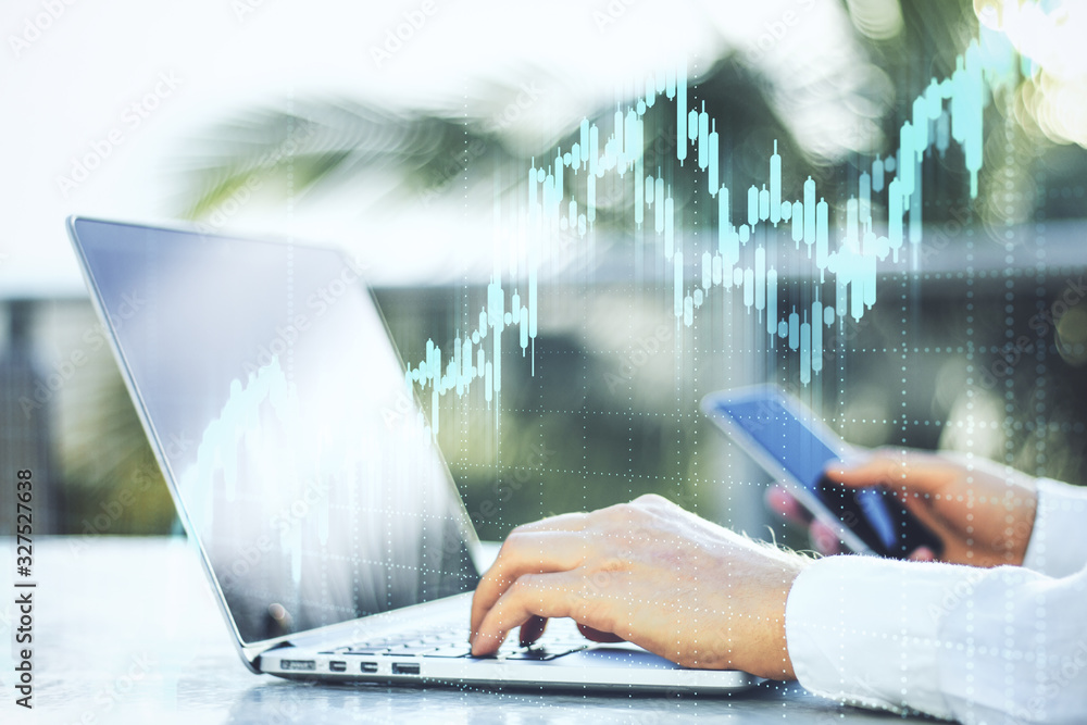 Poster Hand using smartphone with abstract business chart hologram.