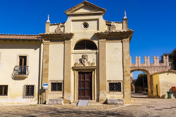 Facade of catholic church of Saint Maria Assunta in the medieval village of Santa Severa...