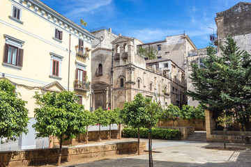 Fototapeta na wymiar Small square with Roman Catholic church of .Sant Agata alla Guilla in historic part of Palermo, Sicily Island in Italy