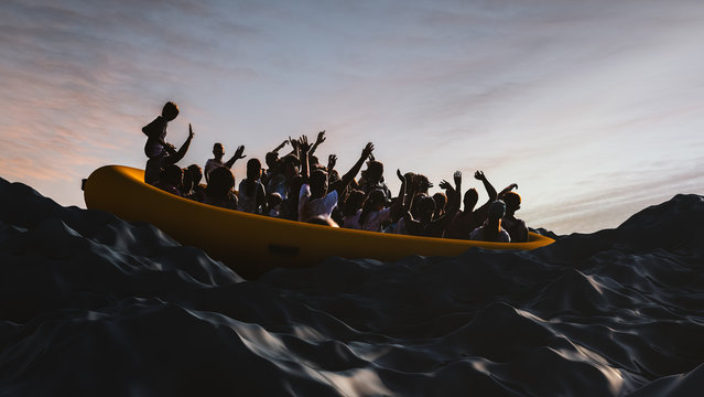 Boat with refugees floating in the sea