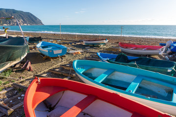 Naklejka na ściany i meble view of the beach with boats, Riva Trigoso, Sestri Levante, Genoa, Italy