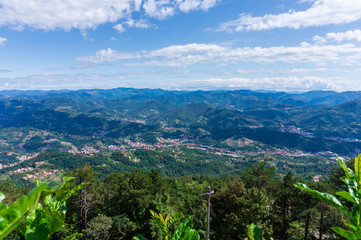 Panorama of the Polcevera valley below, part of the city of Genoa, and the Ligurian Riviera from the Shrine of Our Lady of the Watch (N.S. della Guardia), Genoa, Italy