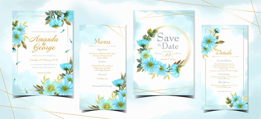 Fototapeta na wymiar set of blue floral wedding invitation collection with abstract watercolor background