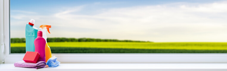 Cleaning products on windowsill web banner with copy space: spring cleaning concept