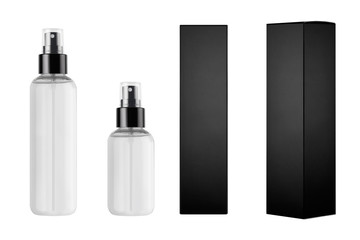 Mock up for design of packing cosmetics - different transparent dispenser bottles, white label,...