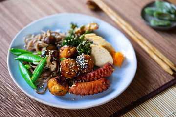 Japanese bento meal with meatballs, sausage and vegetables