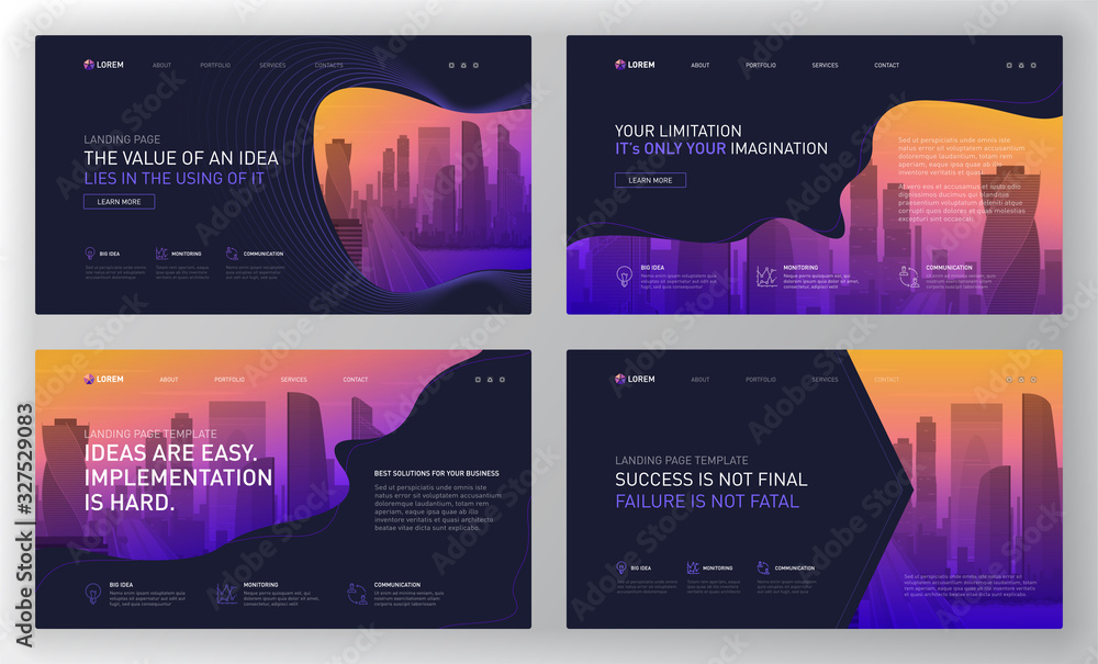 Wall mural landing page templates set for business website. modern web page design concept layout for website. 