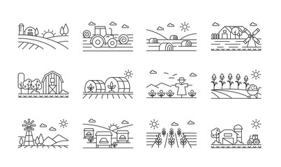 Agricultural icons black and white linear set