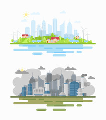 Air pollution city landscape difference flat vector illustration