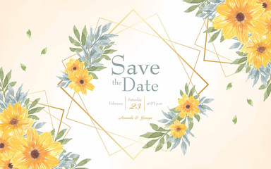 yellow floral save the date invitation card with abstract watercolor background