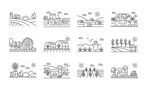 Agricultural icons black and white linear set