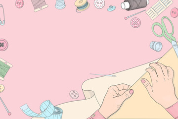 Women's hands with sewing accessories and fabric on a pink background. Space for your text. Template.