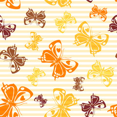 Obraz na płótnie Canvas Flying butterfly silhouettes over striped background vector seamless pattern.