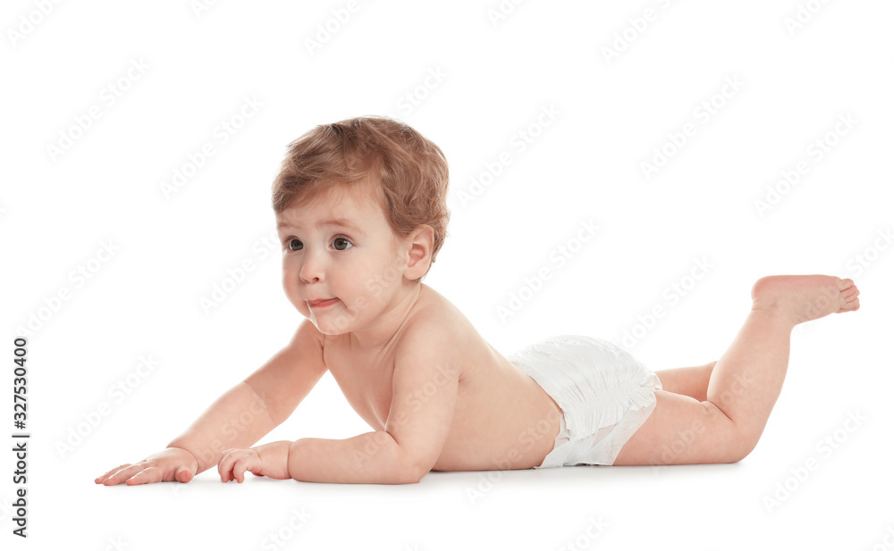 Wall mural cute little baby in diaper on white background