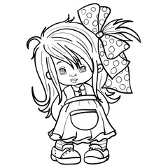 girl with a big bow on her head and in big boots dressed in a cute sundress with front pocket, outline drawing, isolated object on a white background,