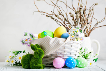 Happy Easter. Congratulatory easter background. Easter eggs and flowers. Background with copy space. Selective focus.