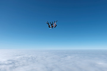 Naklejka na ściany i meble Skydiving. Three sportsmen are falling together in head down position.