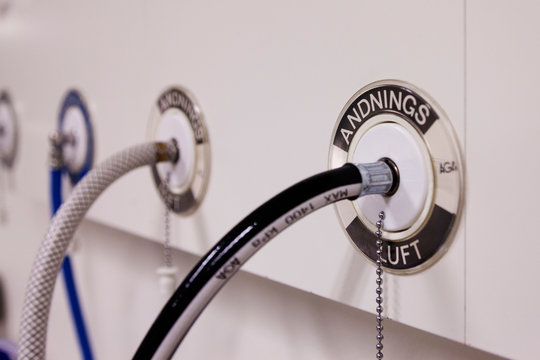 Umea, Norrland Sweden - February 12, 2020: wall in hospital where different gases can be connected