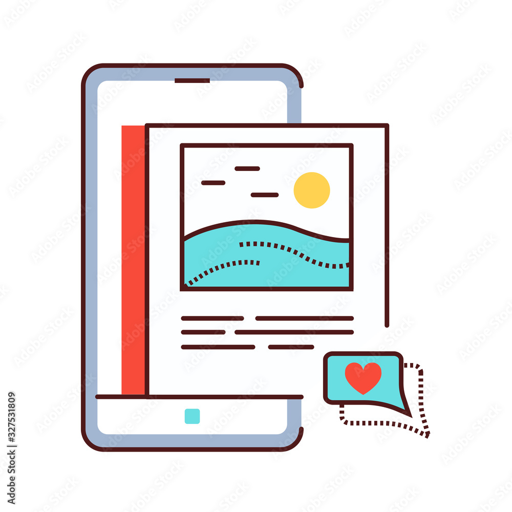 Poster blog posting color line icon. social media information sign. content promotion in smartphone. pictog