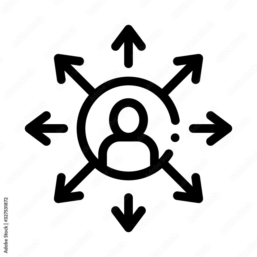 Poster different areas of activity icon thin line vector. human in center of circle with arrows, multitaski