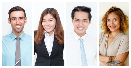 Cheerful office employees studio shot collage. Happy men and women posing for camera. Multiscreen montage, split screen collage. Business portraits concept