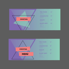 Drinks menu. Cocktail. Set. Triangle, square and quotes. Pastel colors.