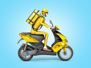 fast delivery concept the courier on a motorcycle with thermal backpack 3d render on blue gradient