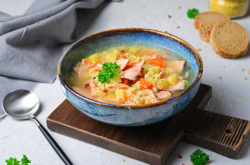 Fish Soup with Salmon, Millet and Vegetables, Tasty Healthy Meal