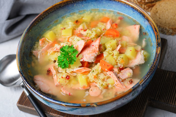 Fish Soup with Salmon, Millet and Vegetables, Tasty Healthy Meal