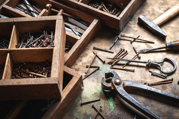 Work tool and toolbox on wooden table