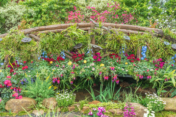 Old wooden bridge in beautiful flower garden in springtime season
