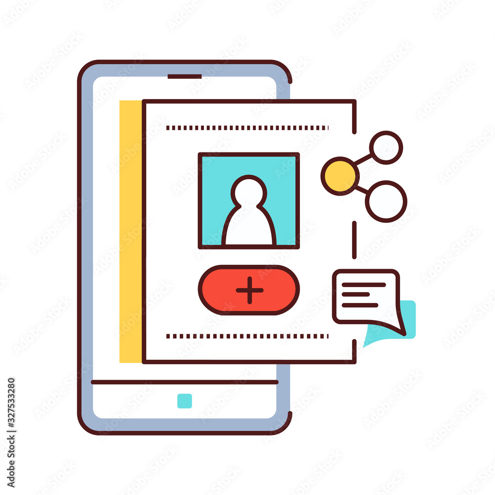 Poster account registration color line icon. social media information sign. create blog in smartphone. pict