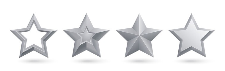 Silver stars. Realistic metal golden stars isolated for rating and holiday decoration vector set. Rating silver award, asterisk star symbol illustration