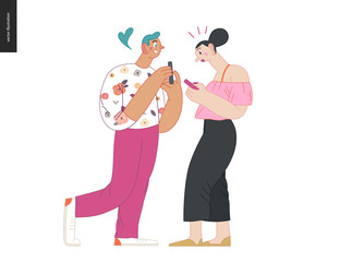 Obraz premium Waiting in line - modern flat vector concept illustration of a young man a woman standing in line with smartphones, talking to each other. Multicultural, multilingual people, diversity concept