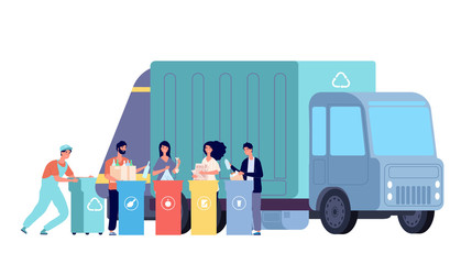 Garbage truck. Refuse recycling, rubbish worker and disposal containers. People sorting and throw waste. Vector recycle dumpster concept. Illustration container recycle, rubbish and waste collect