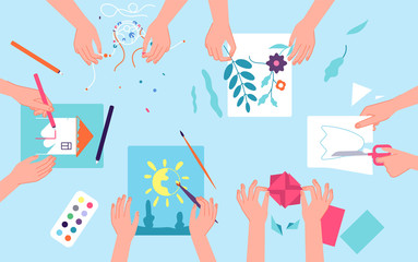 Kids creative lab. Children craft art workshop. Top view desk watercolor paint and paper cut. Classroom preschool activity vector concept. Craft kids, brush and pencil, class hobby illustration