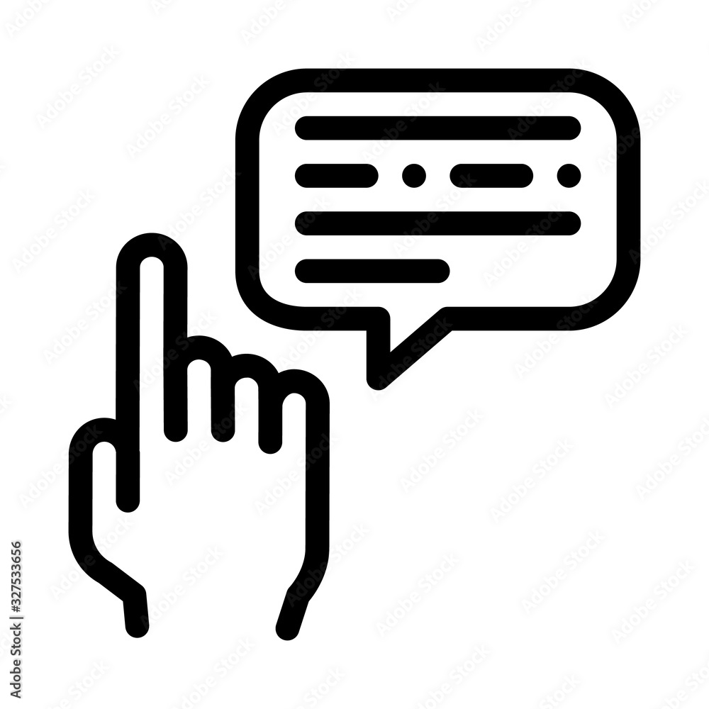 Poster human hand gesture pointing icon thin line vector. gesture and quote frame with text communication c